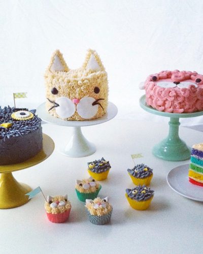 grey owl, white cat and pink dog cakes