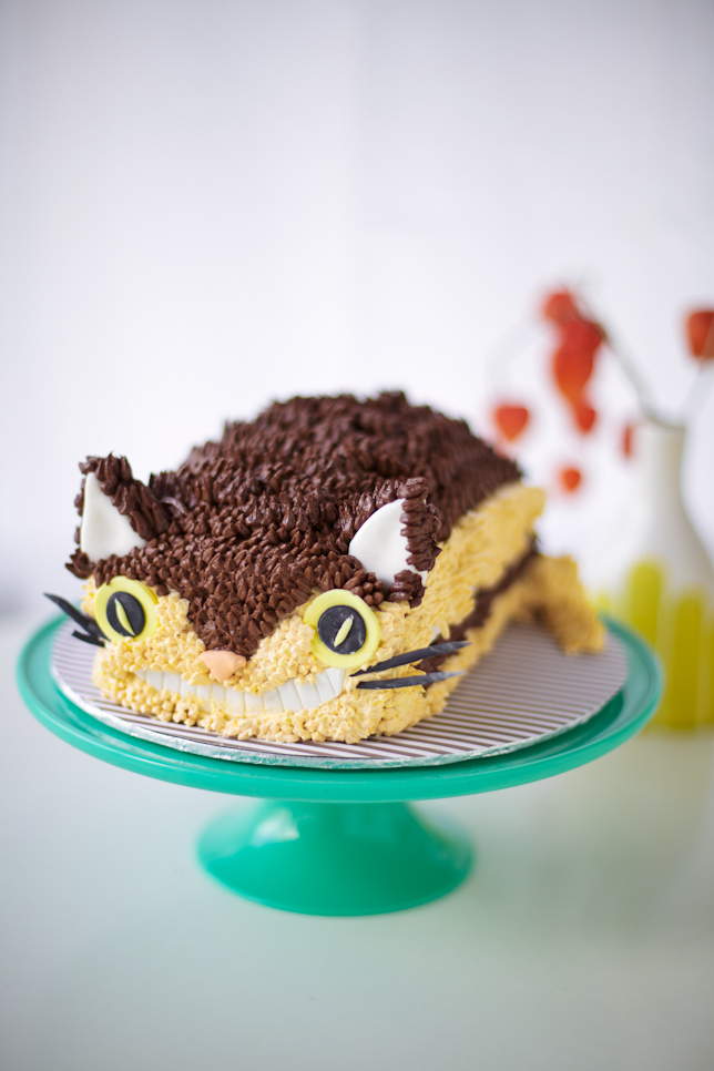 smiling cat bus cake on cake stand 