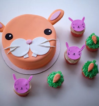 bunny cake with bunny cupcakes