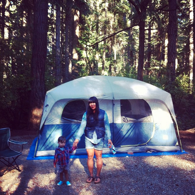 giant camping tent with lyndsay and teddy