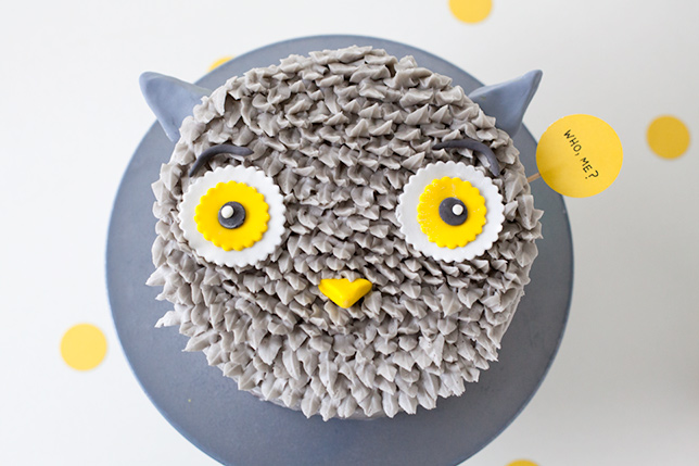 grey owl cake with yellow eyes on plate