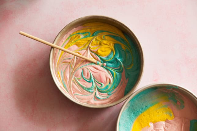 tie dye cake batter with chopstick