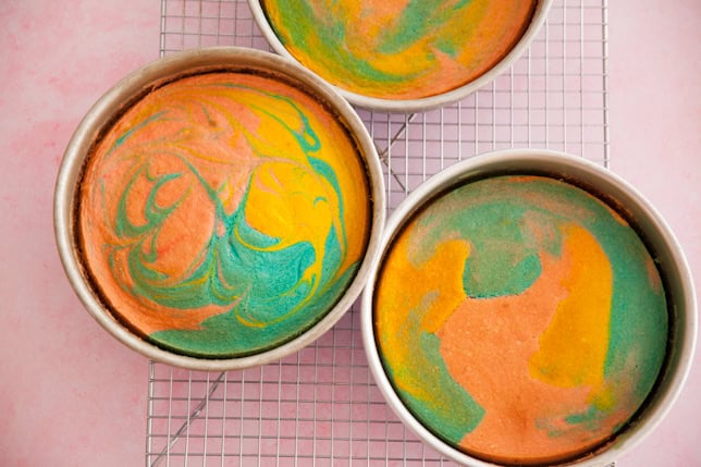 Baked tie dye rainbow cake layers