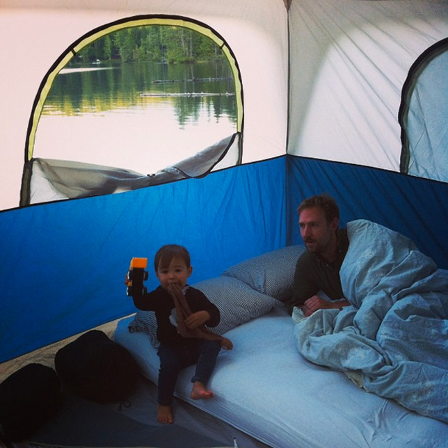 father son in a tent
