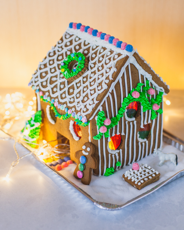 snowy gingerbread house