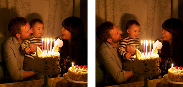 Lyndsay and Rich on Teddy's birthday with cake and candles