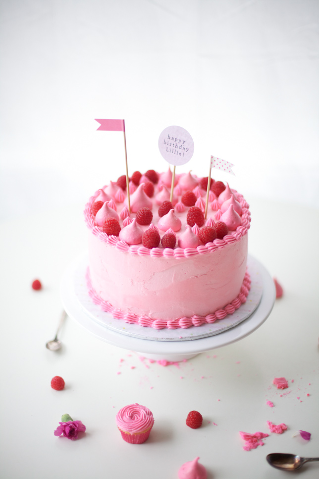 pink party cake with raspberries and meringues - coco cake land