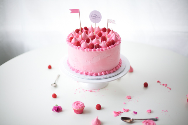 pink party cake with meringues and raspberries - coco cake land