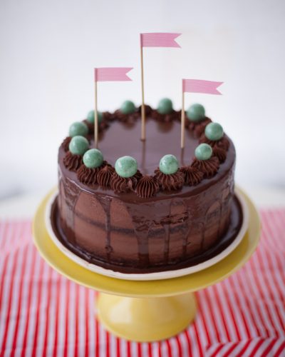 chocolate drippy cake with mint malt balls