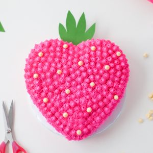 strawberry heart cake overhead shot