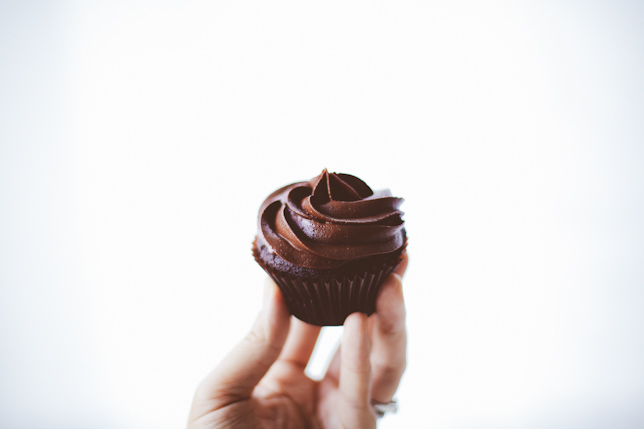 a hand holding a chocolate rosette cupcake 
